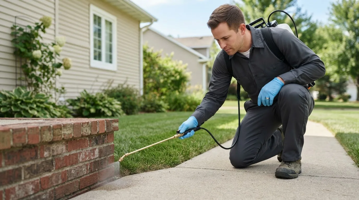 Pest control technician treating a home near Merriam, KS
