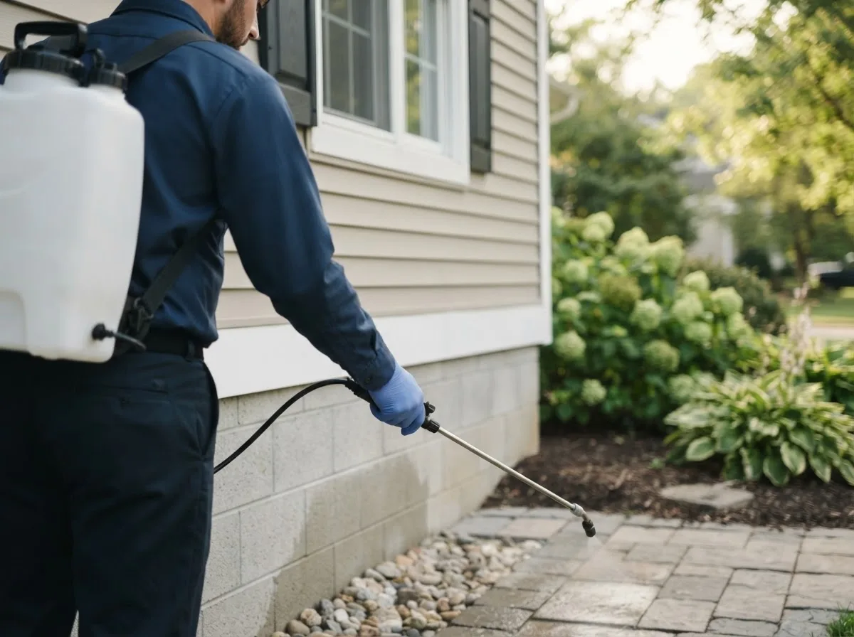 Pest control technician inspecting a home in Merriam, KS